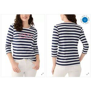 NWT Kim Rogers Navy and White Stripe 3/4 Sleeve Top w/Pink Heart Graphic Size L